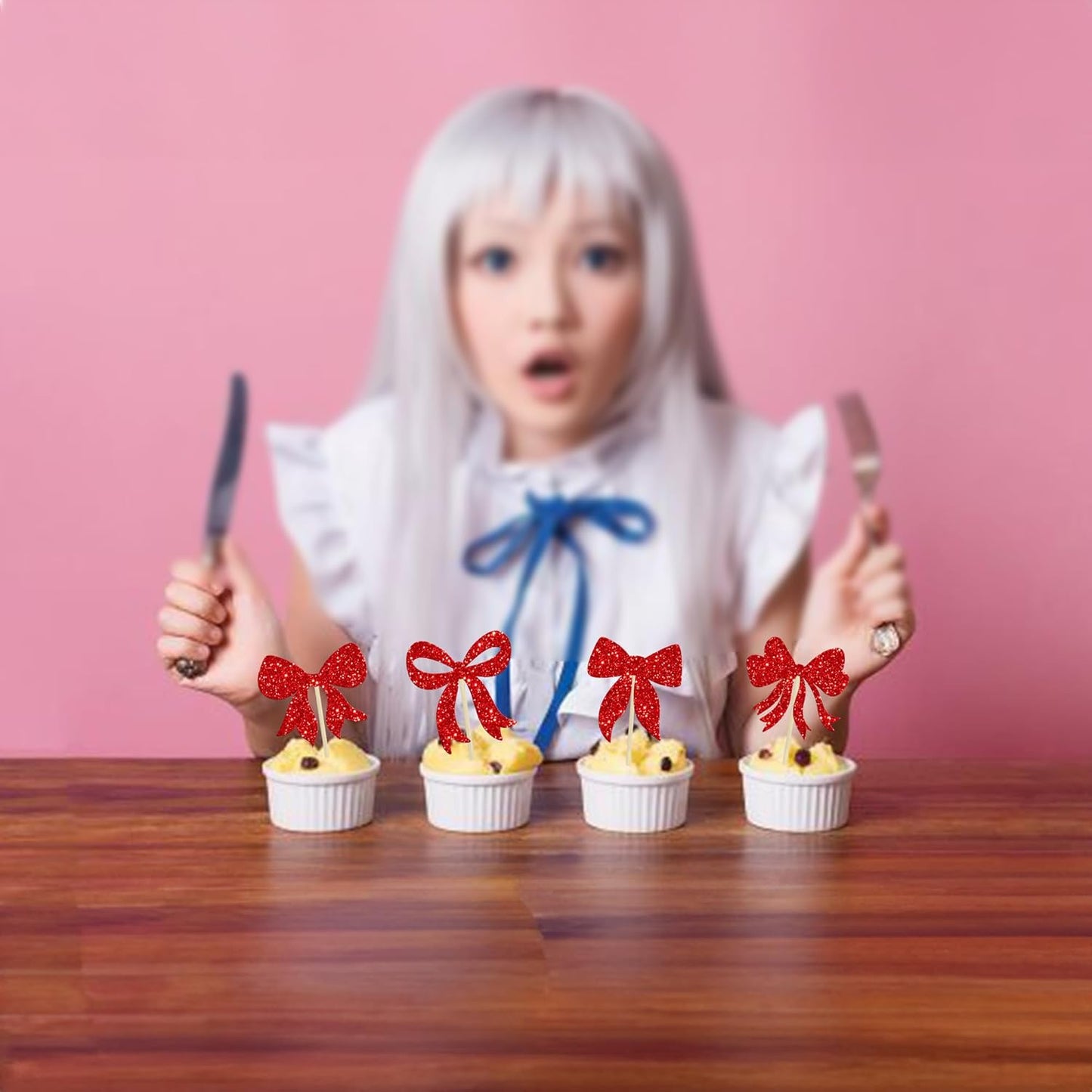 Gyufise 36Pcs Bow Cupcake Toppers Glitter Bowknot Cupcake Picks Bow Tie Birthday Decorations Princess Bow Cupcake Decorations for Bowknot Theme Baby Shower Birthday Party Supplies Red