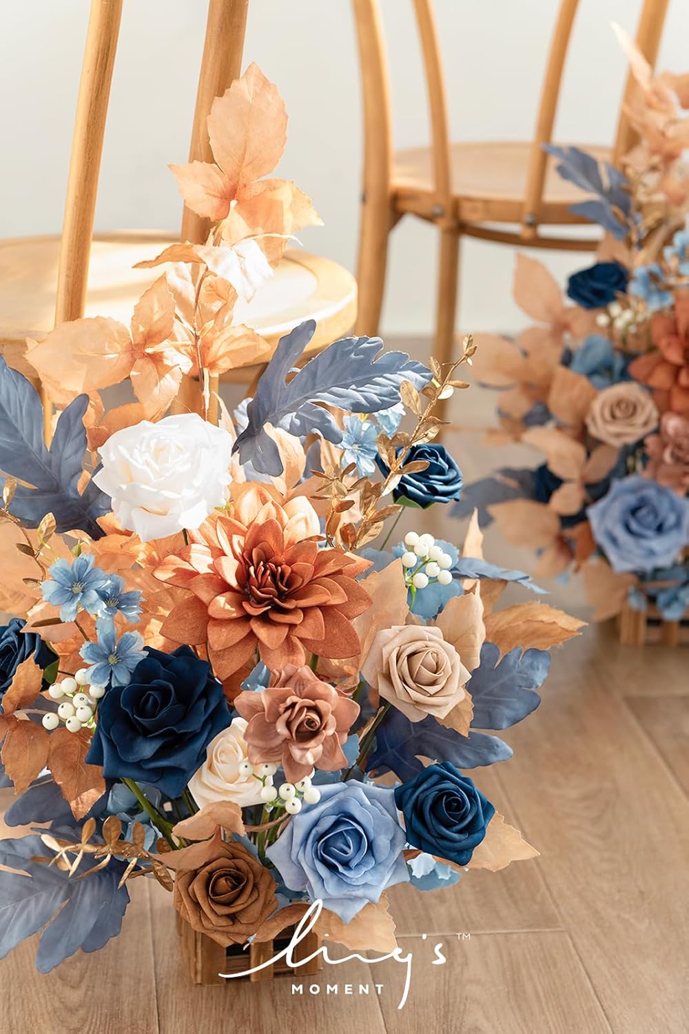 Ling's Moment 17.5" Tall Standing Artificial Flowers Arrangements 4pcs Fall Wedding Aisle Runner Chair Decorations Russet Orange & Denim Blue Centerpieces for Ceremony Reception Floral Party Outdoor