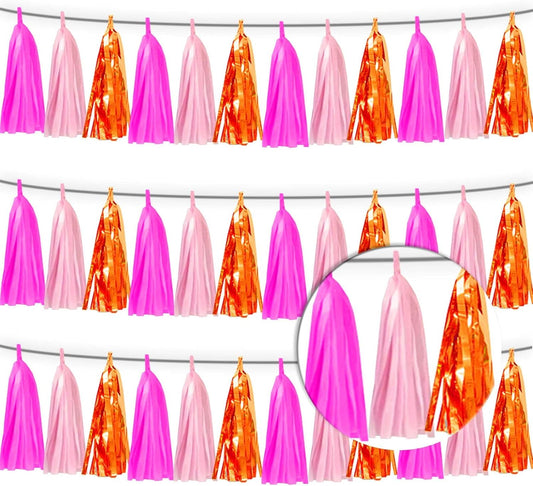 3P Hot Pink Orange LightPink Metallic Fringe Banner Garland Foil Tinsel Streamer Backdrop Banners for Parties, Wall Hanging Curtain Parade Floats,Graduation Decorations, Wedding Party Decoration