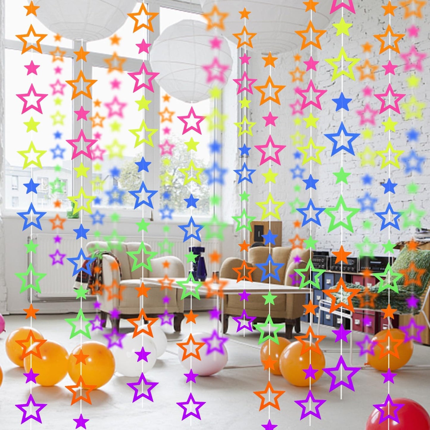 126feet UV Paper Garland Hollowed Star Neon Streamers Black Light Decorations Glow Party UV Reactive Party Favors Glow in The Dark Supplies and Decorations Wedding Birthday Banner