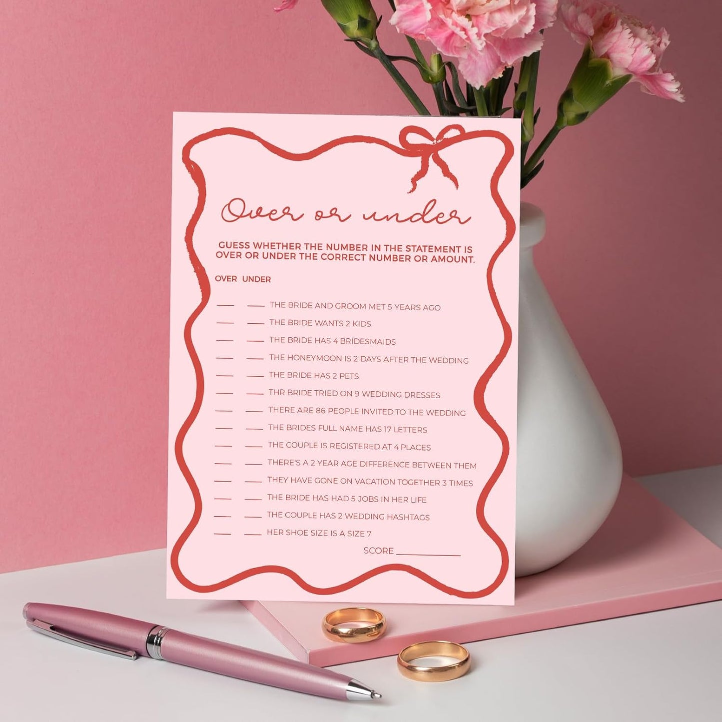 DEEKA 30 PCS Bridal Shower Games Card for 30 Guests Pink Wavy Border Ribbon Bow Funny Wedding Bachelorette Party Games for Reception (Over Or Under)