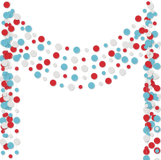 Outus 5 Pieces Colorful Dots Paper Garland Round Glitter Garland Hanging Confetti Streamers Backdrop for Candy Birthday Classroom Halloween Trunk or Treat Car Decoration (Light Blue,White,Red)