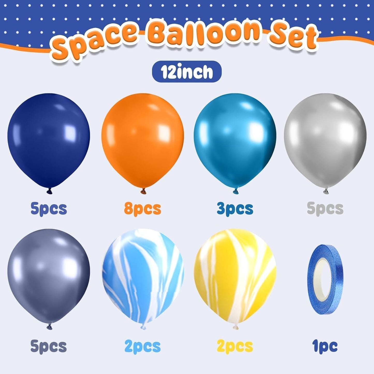 Orange Blue Balloons, Outer Space Party Balloons Set,12 Inch Navy Blue Silver Orange Yellow Agate Latex Balloon, for Boys Girls Space Theme Birthday Party, Graduation Baby Shower