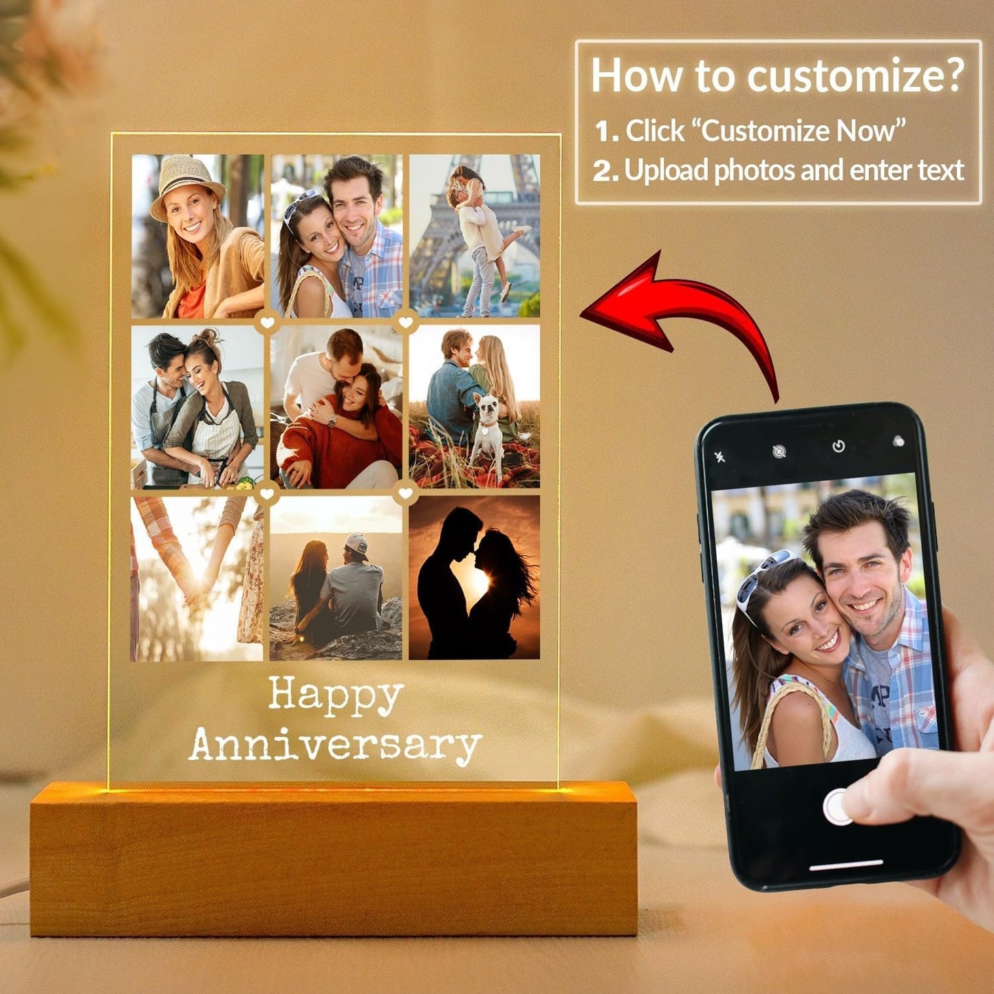 Personalized Anniversary Couple Gifts for Women and Men, Custom Picture Frames with Photo, Personalized Photo Frame with Night Light, Customized Picture Frame, Personalized Birthday Gifts for Her and Him