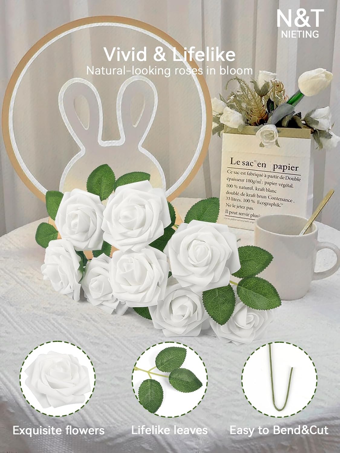 N&T NIETING Artificial Flowers, 25pcs Fake Flowers White Rose Perfect for DIY Wedding Bridesmaid Bridal Bouquets Centerpieces Home Flower Arrangement Decoration