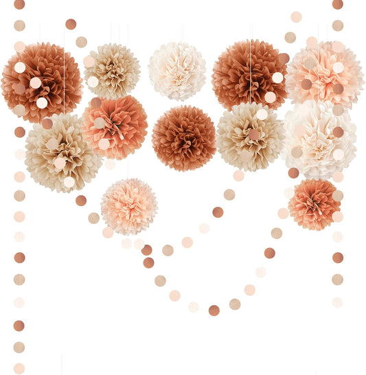 AOBKIAT Boho Fall Wedding Baby Shower Decorations,15PCS Brown Peach Tissue Paper Pom Poms,Circle Dots Colorful Paper Garland String Hanging Backdrop for Birthday Party,Retro Bridal Shower Engagement