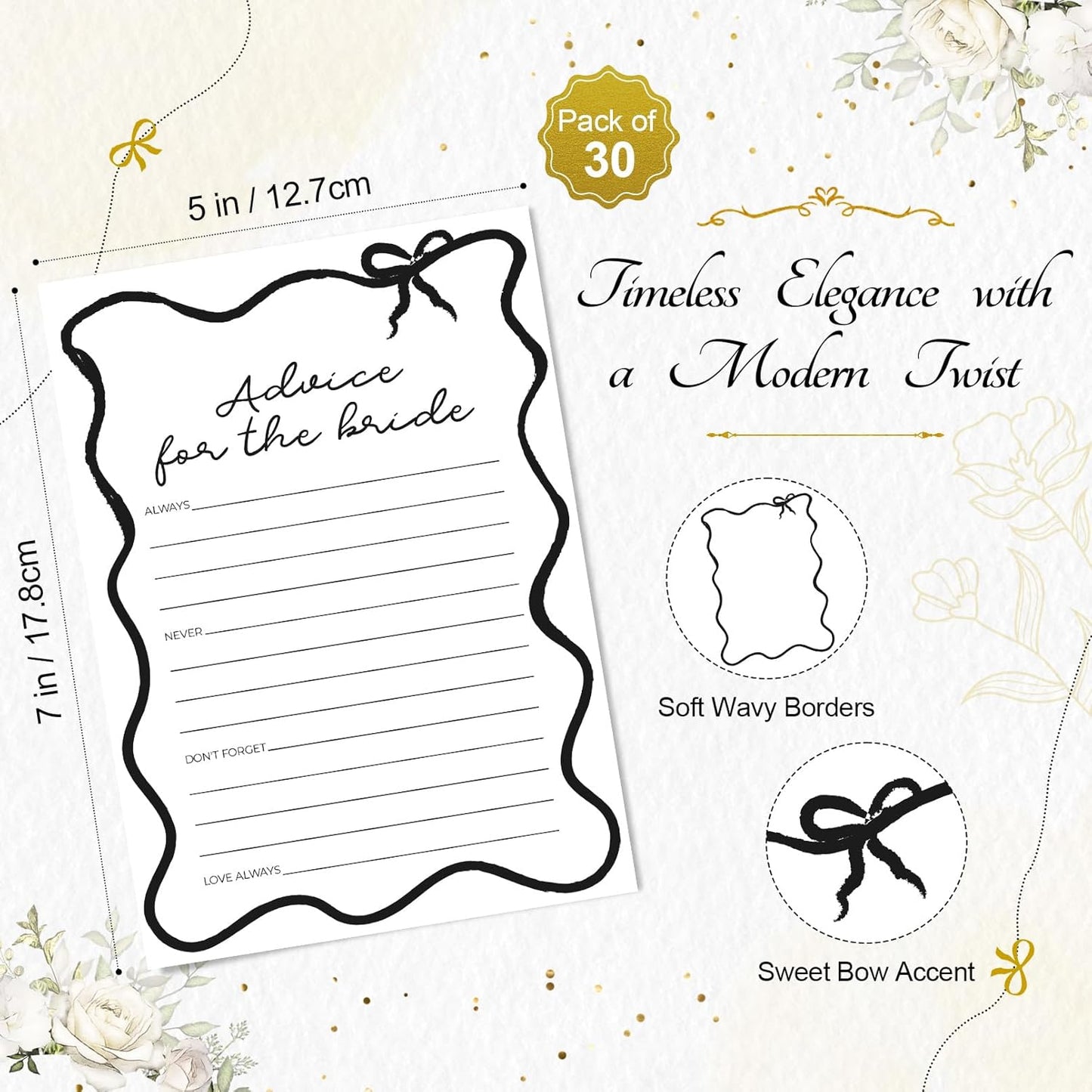 DEEKA 30 PCS Bridal Shower Games Card for 30 Guests Black Wavy Border Ribbon Bow Funny Wedding Bachelorette Party Games for Reception (Advice for The Bride)