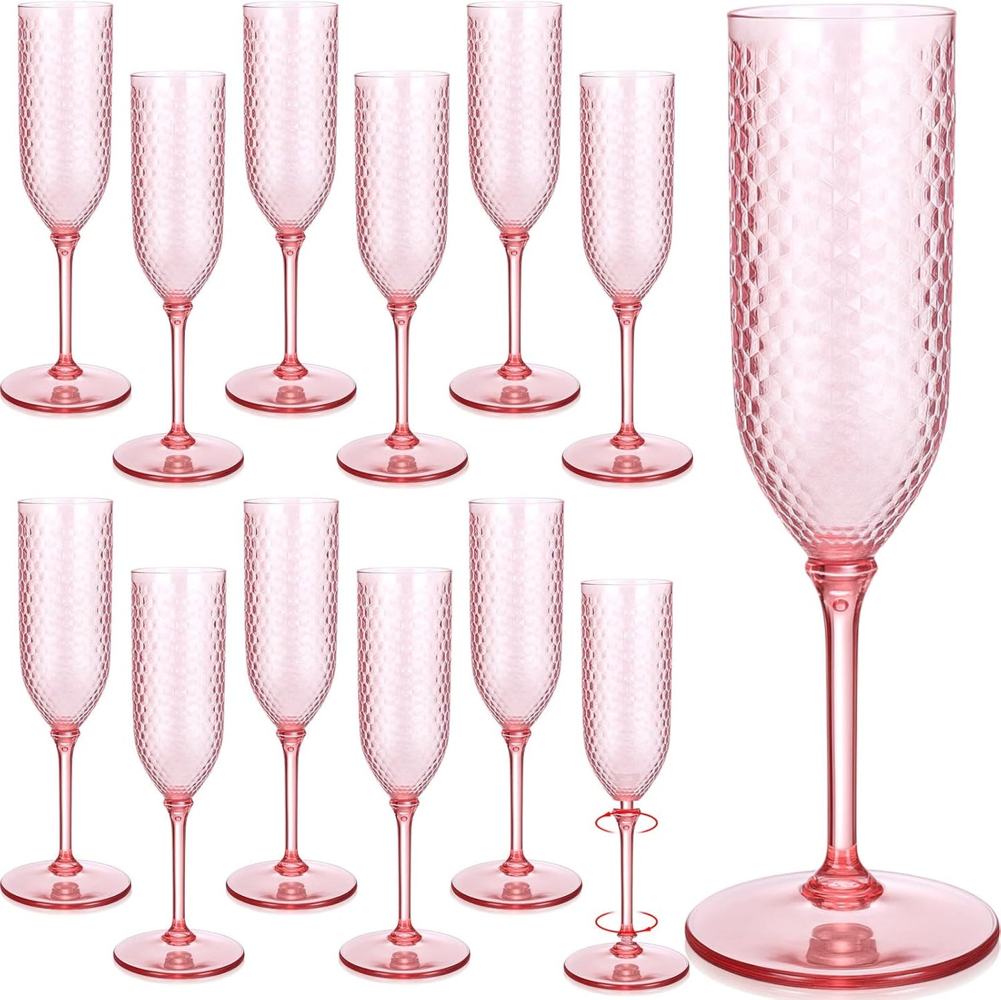 Remerry 24 Pack Detachable Plastic Champagne Flutes 5.5 oz Champagne Glasses Bulk Disposable Mimosa Glasses Reusable Wine Cups for Wedding Toasting Baby Shower Birthday Party New Years (Pink)