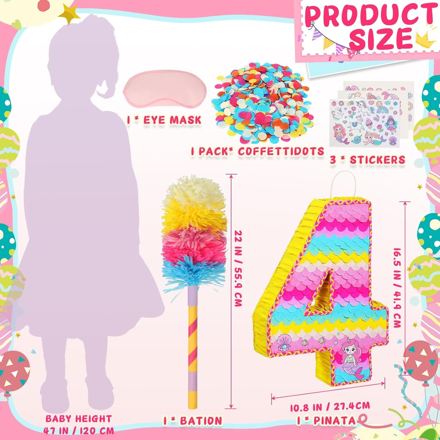 Number 4 Pinata for Birthday Party Decorations, Unicorn Mermaid Theme Pink Piñata Games Toy (4th)