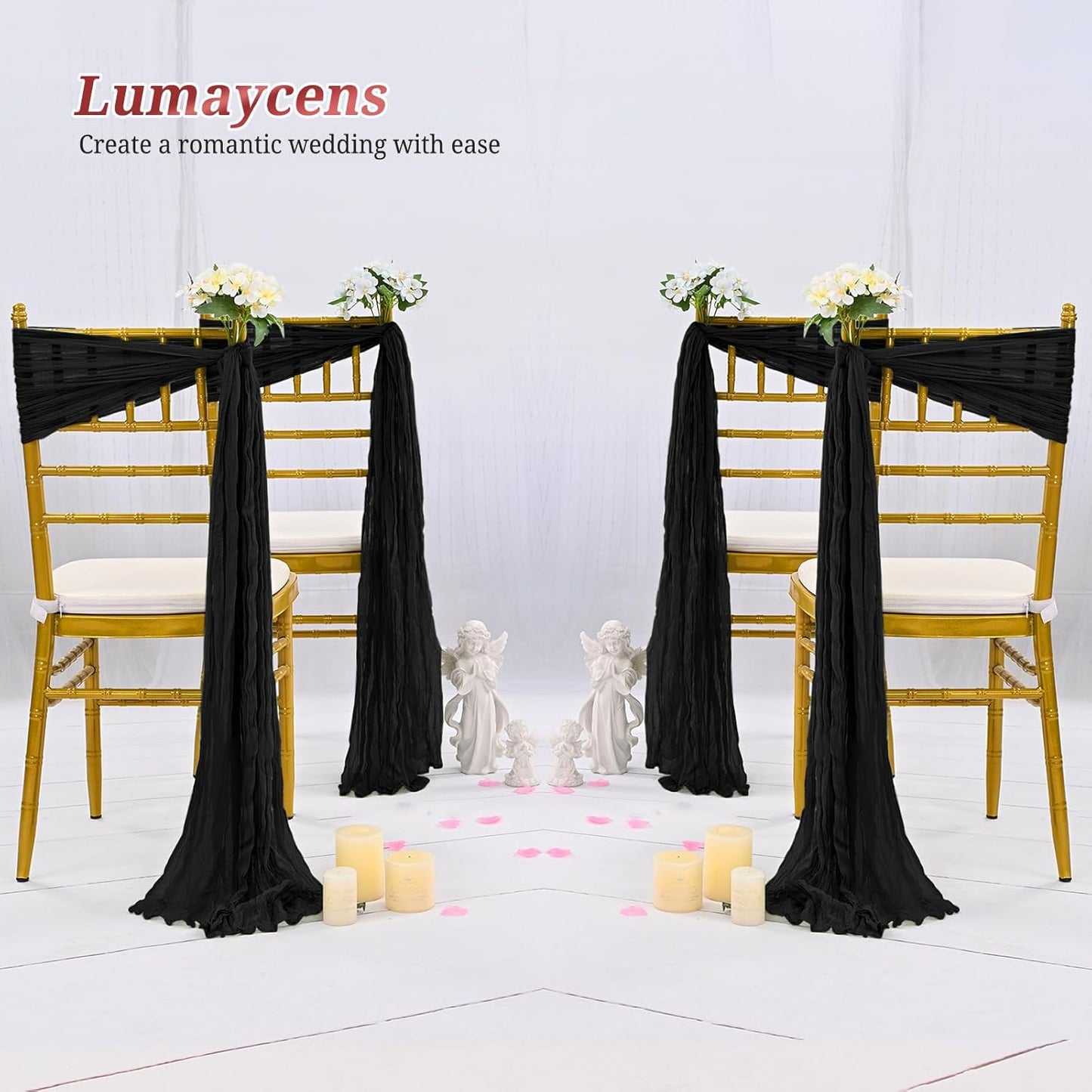 50 PCS Cheesecloth Chair Sashes Bows Wedding Aisle Decorations Chair Ribbon Ties Back Sash for Wedding Party Events Banquet Chair Cover Decoration (Black)