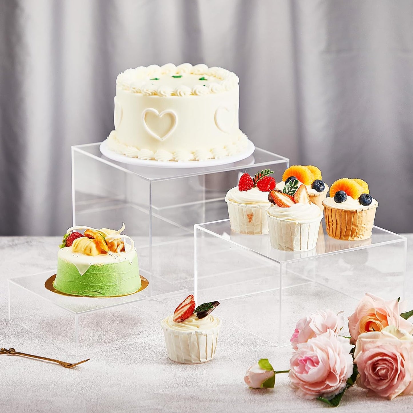 Leinuosen 7 Pcs Large Buffet Risers Set 6" to 12" Acrylic Display Box Catering Dessert Table Riser Food Display Decorative Stand with Hollow Bottom for Catering Supplies(Clear, Square)