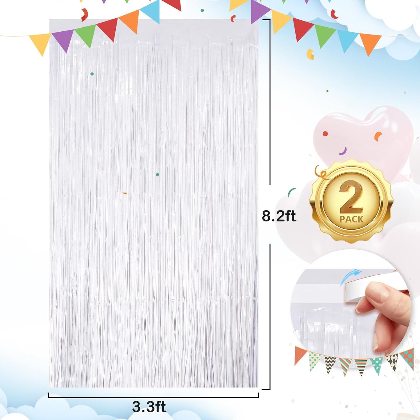 UWPVOWSR White Fringe Curtain Party Streamers 2Pack 3.3 x 8.3 Ft Foil Fringe Backdrop Curtains for Birthday Wedding Bridal Baby Shower, Holiday Tinsel Streamers White Party Decorations Door Streamers