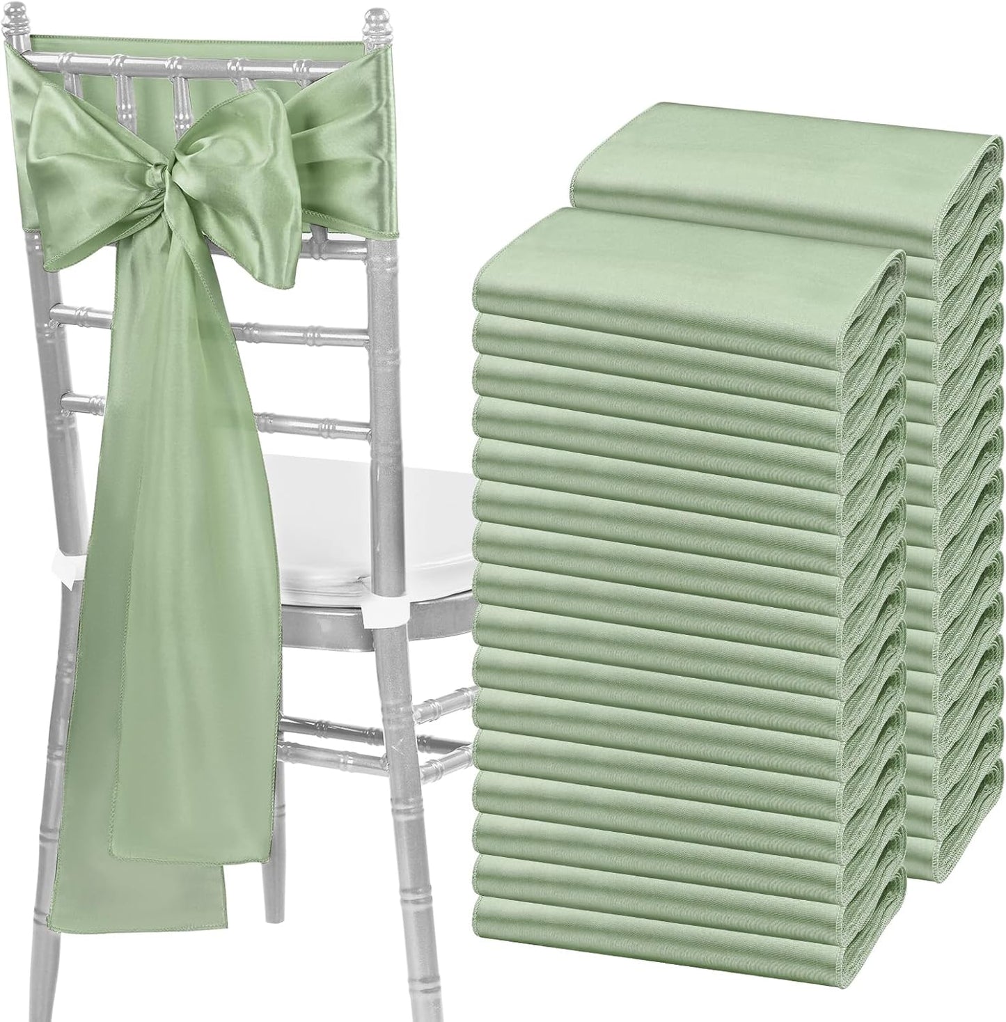 fani 120 PCS Sage Green Satin Chair Sashes Bows Universal Chair Cover for Wedding Reception Restaurant Event Decoration Banquet,Party,Hotel Event Decorations (7 x 108 inch)