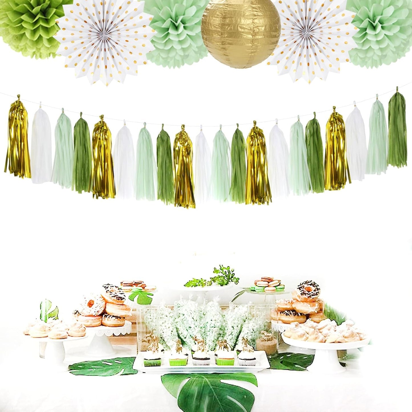 Sage-Olive Green Gold Party-Decorations Tassel-Garland - 20pcs Rustic Wedding Baby Shower Tassels Banner Streamers, Birthday Bachelorette Engagement Bridal Decor Panduola