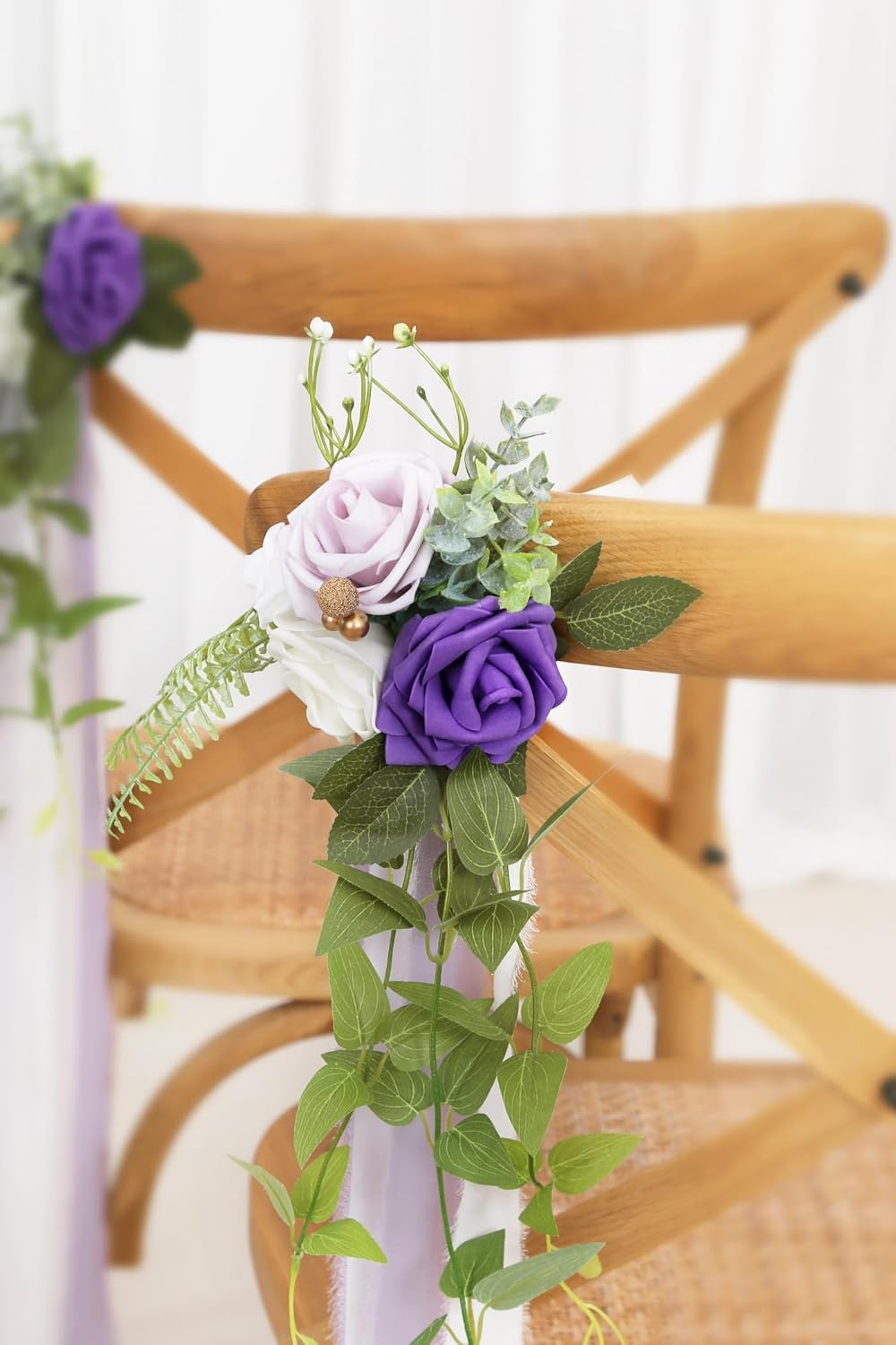 DORIS HOME Wedding Chair Decorations Purple Pew Flowers Set of 10 for Wedding Ceremony Party Aisle Decor with Artificial Flowers Eucalyptus and Ribbons