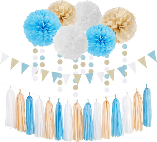 Light-Blue White Boho Champagne-Gold Party-Decorations - 23pcs Boy Birthday Baby Shower Paper Tissue Pom Poms Streamers,Tassel Garland Banner,Bachelorette Bridal Wedding Dusty Decor Lasting Surprise