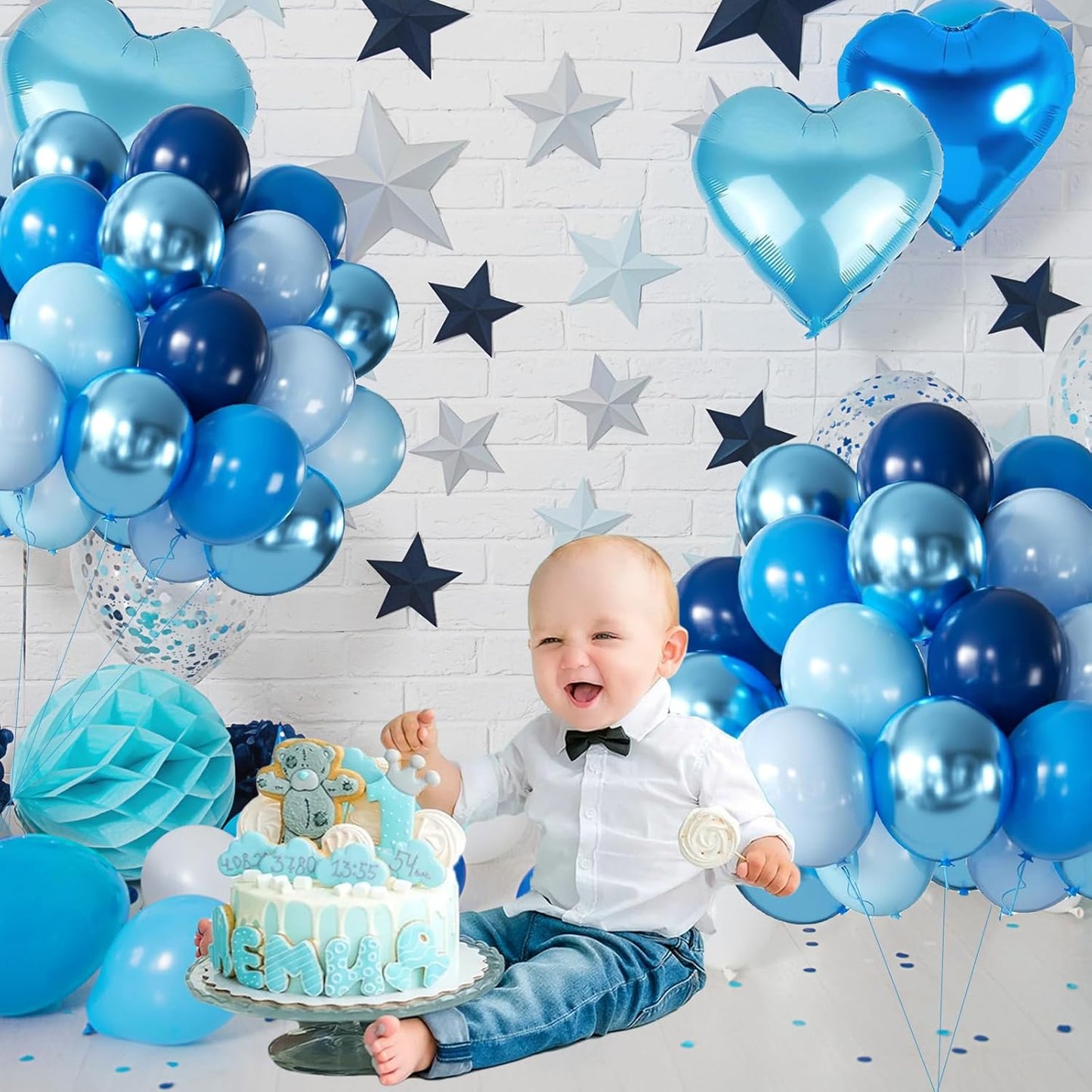 Blue Balloon and Metallic Blue Balloons Garland Arch Kit,160PCS Navy Pastel Pearl Blue Balloons with Heart Foil Balloon for Birthday Baby Shower Party Anniversary Decoration
