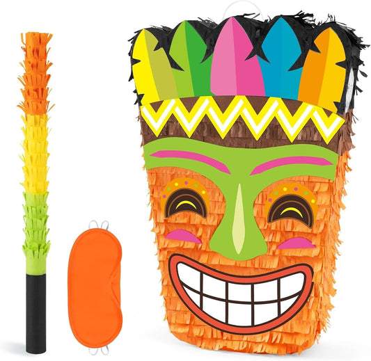 WERNNSAI Tiki Piñata -Tropical Hawaii Piñata with Blindfold and Bat for Girls Boys Kids Piñata Hawaiian Luau Themed Party Decorations for Summer Birthday Party Supplies Carnivals Festivals Celebration