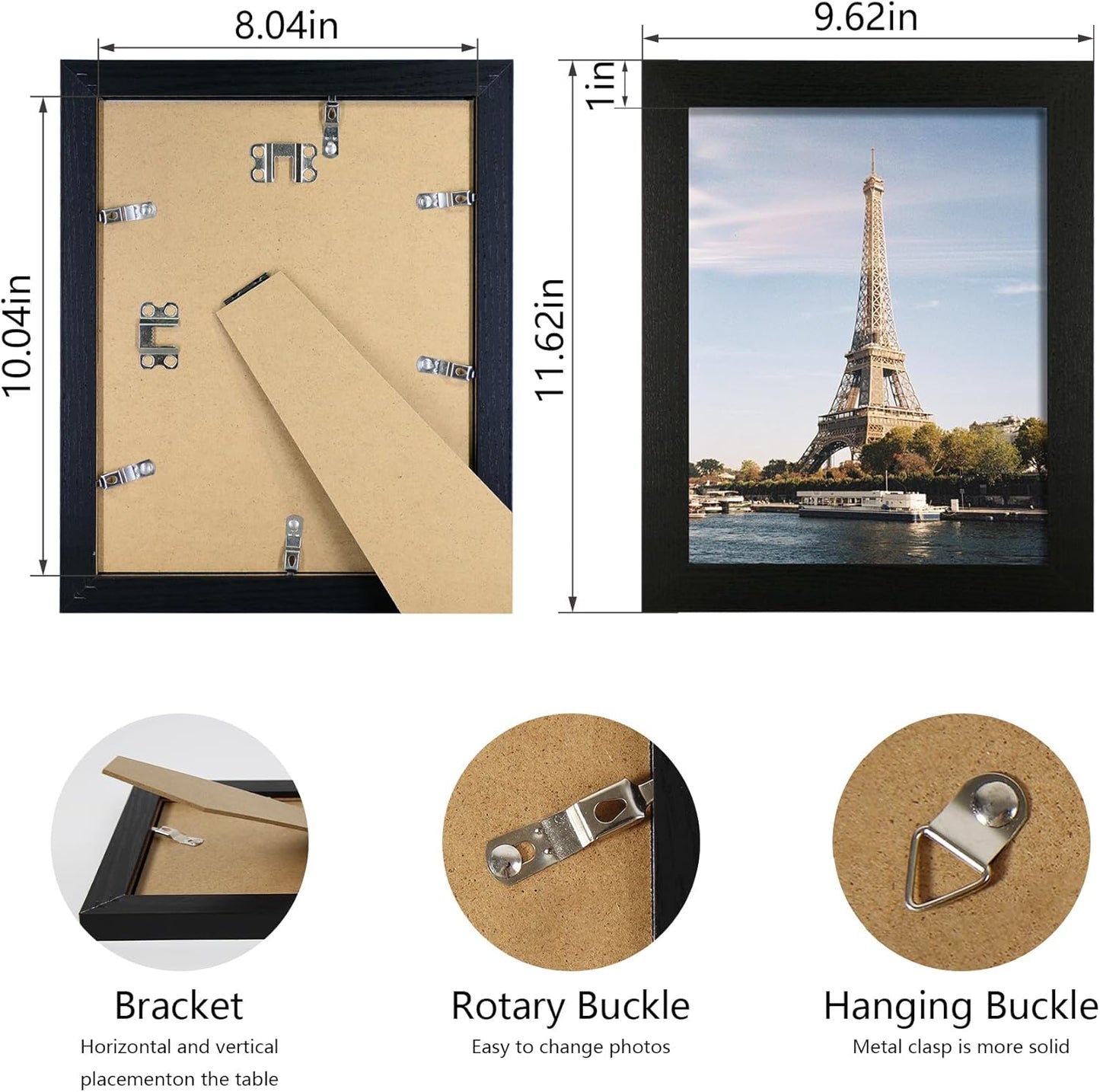 8x10 Picture Frame Set of 4, Black Wooden Frame with High Definition Glass, 8 x 10 Photo Frames for Tabletop Display and Wall Mounting