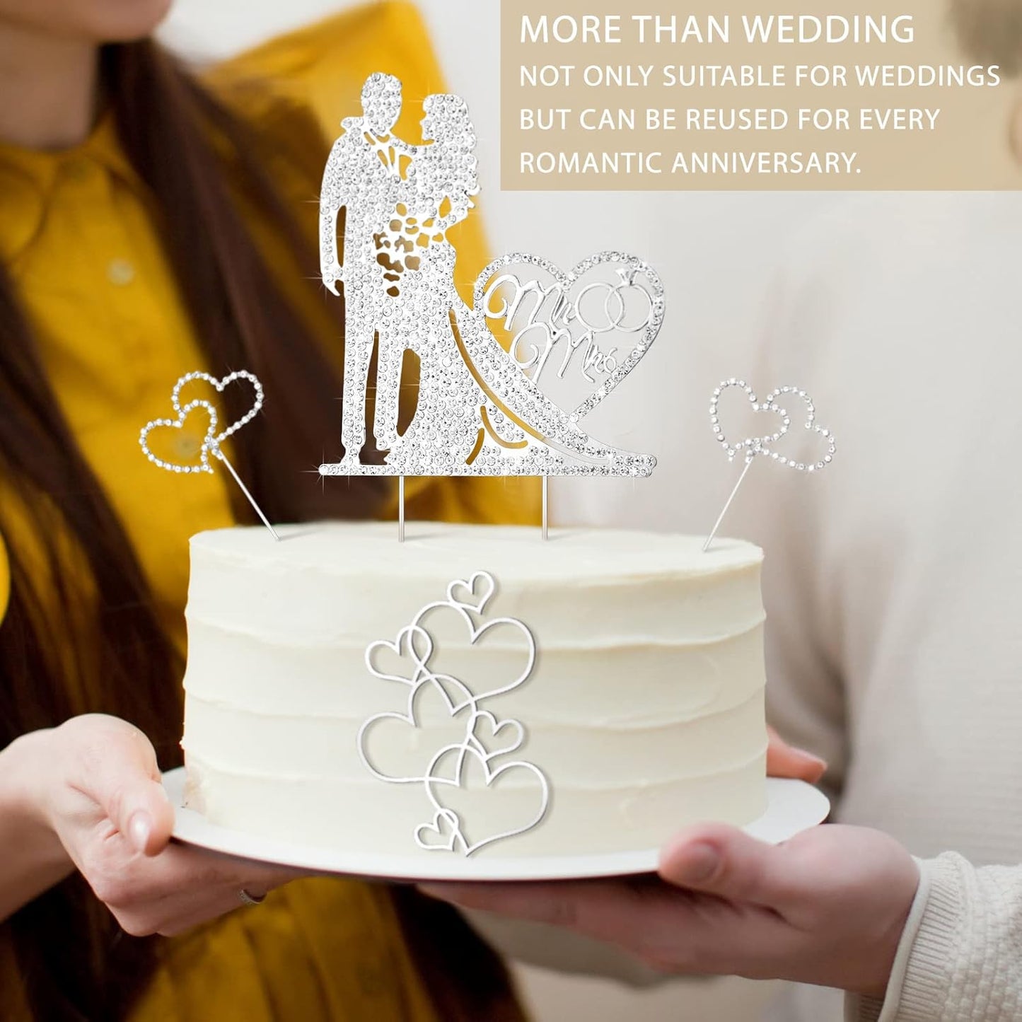 Spiareal 4 Pcs Wedding Cake Topper Mr and Mrs Rhinestone Bride and Groom Love Cake Topper Metal Crystal Heart Shaped Happy Engagement Anniversary Funny Diamond Party Decor for Bridal Shower(Silver)