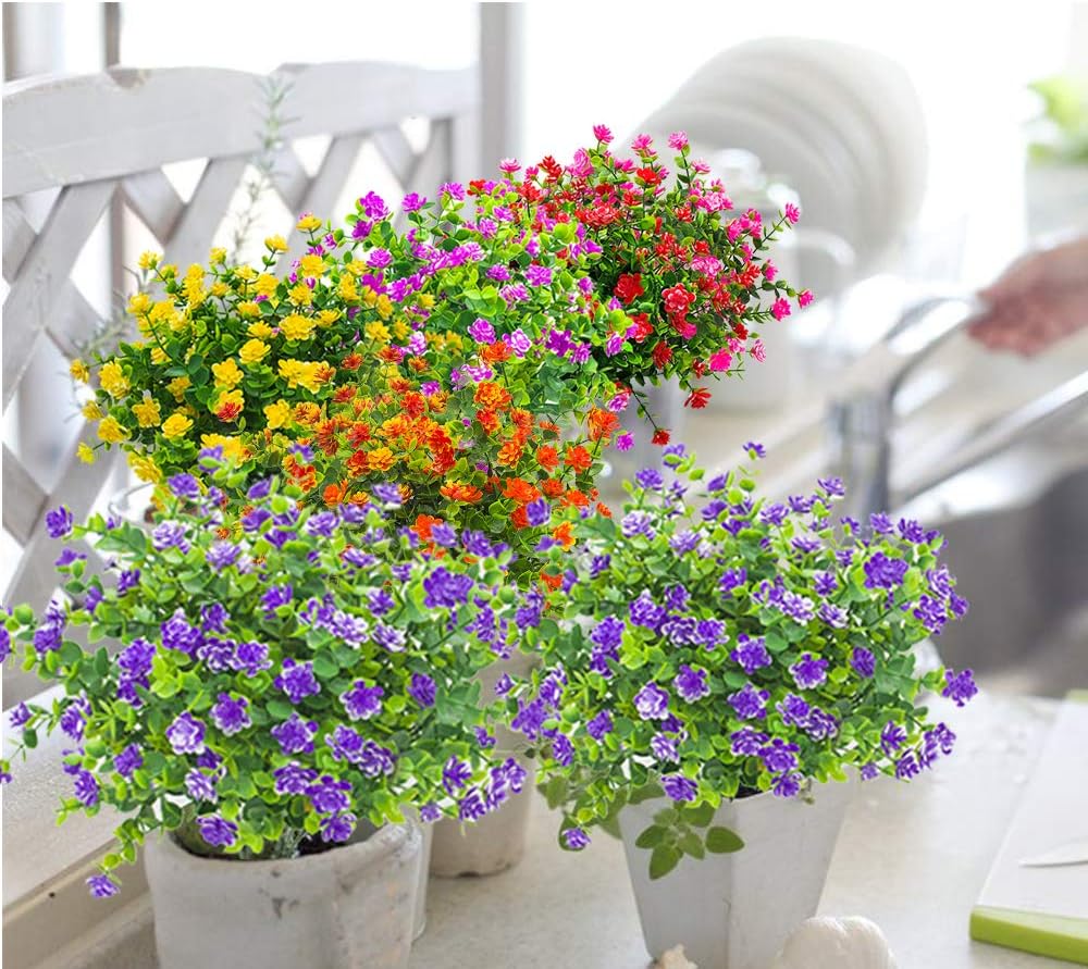 10 Bundles Artificial Fake Flowers, Faux Outdoor Plastic Plants UV Resistant Shrubs Outside Indoor Decorations (Blue-Eucalyptus)