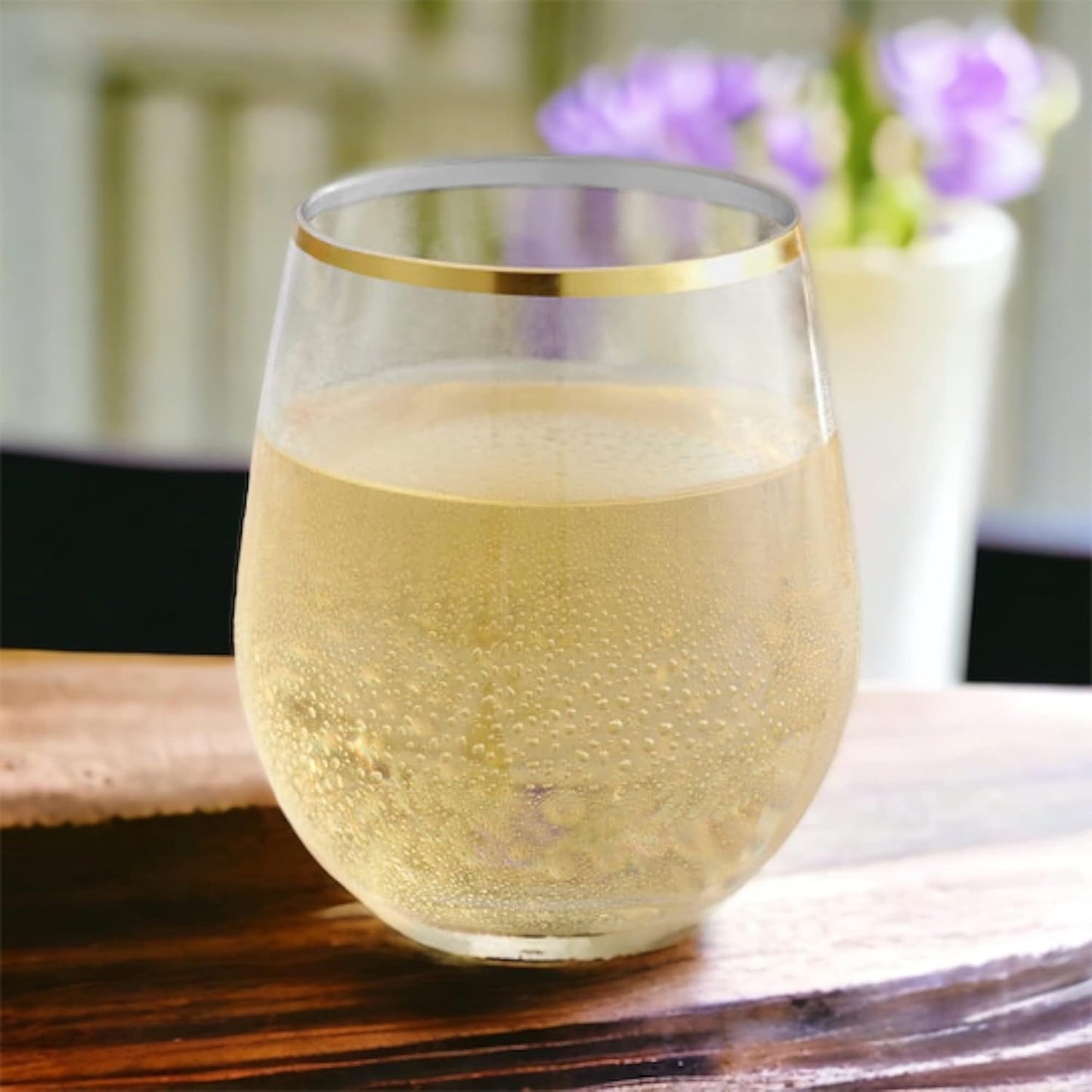 48 piece Stemless Unbreakable Crystal Clear Plastic Wine Glasses Set of 48 Small (10 Ounce - Gold Rim)