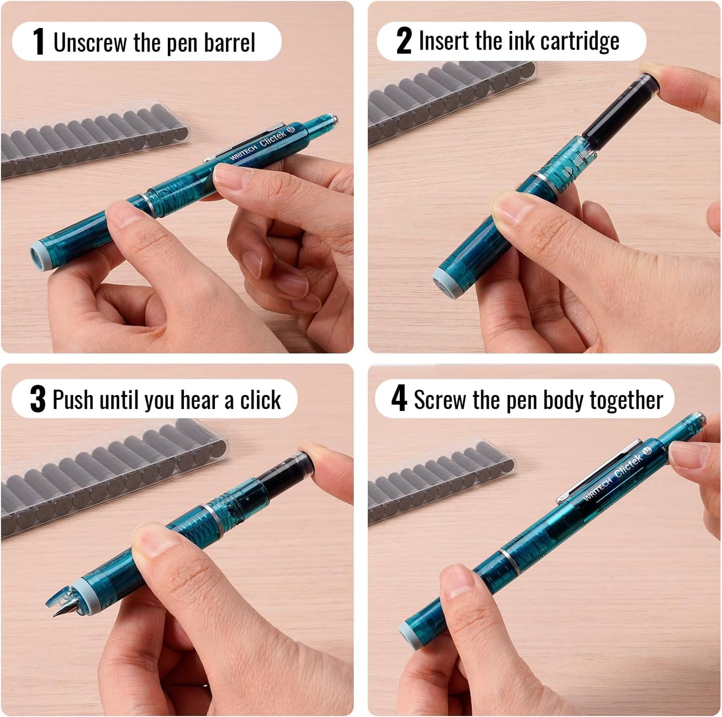 WRITECH Black Ink Cartridge Set: 16 Ink Cartridges Clictek Fountain Pens