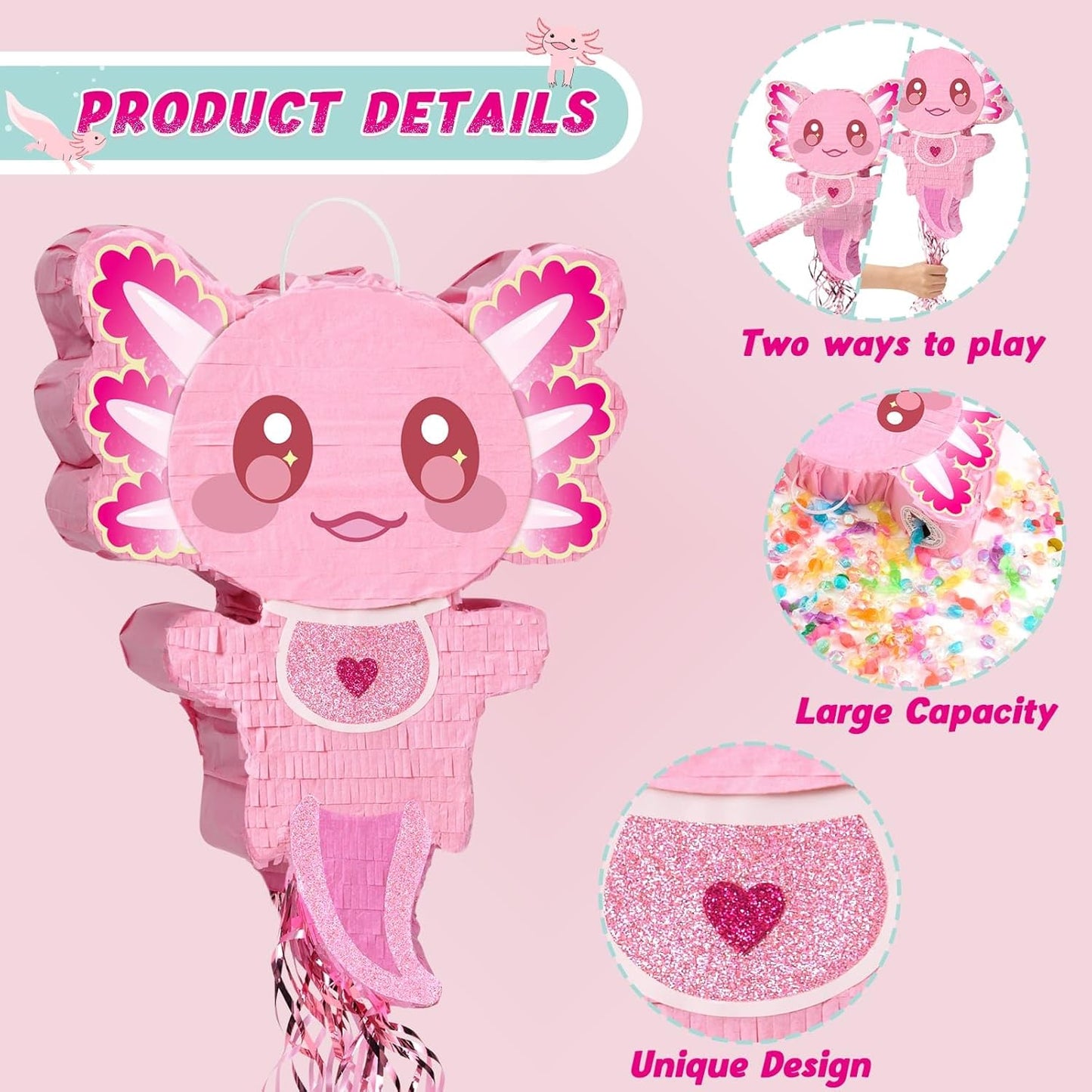 WERNNSAI Pink Axolotl Pinata - Axolotl Party Game Girl Pink Pinata Baby Shower Favors Under the Sea Birthday Party Decorations for Ocean Amphibious Animal Lovers Supplies