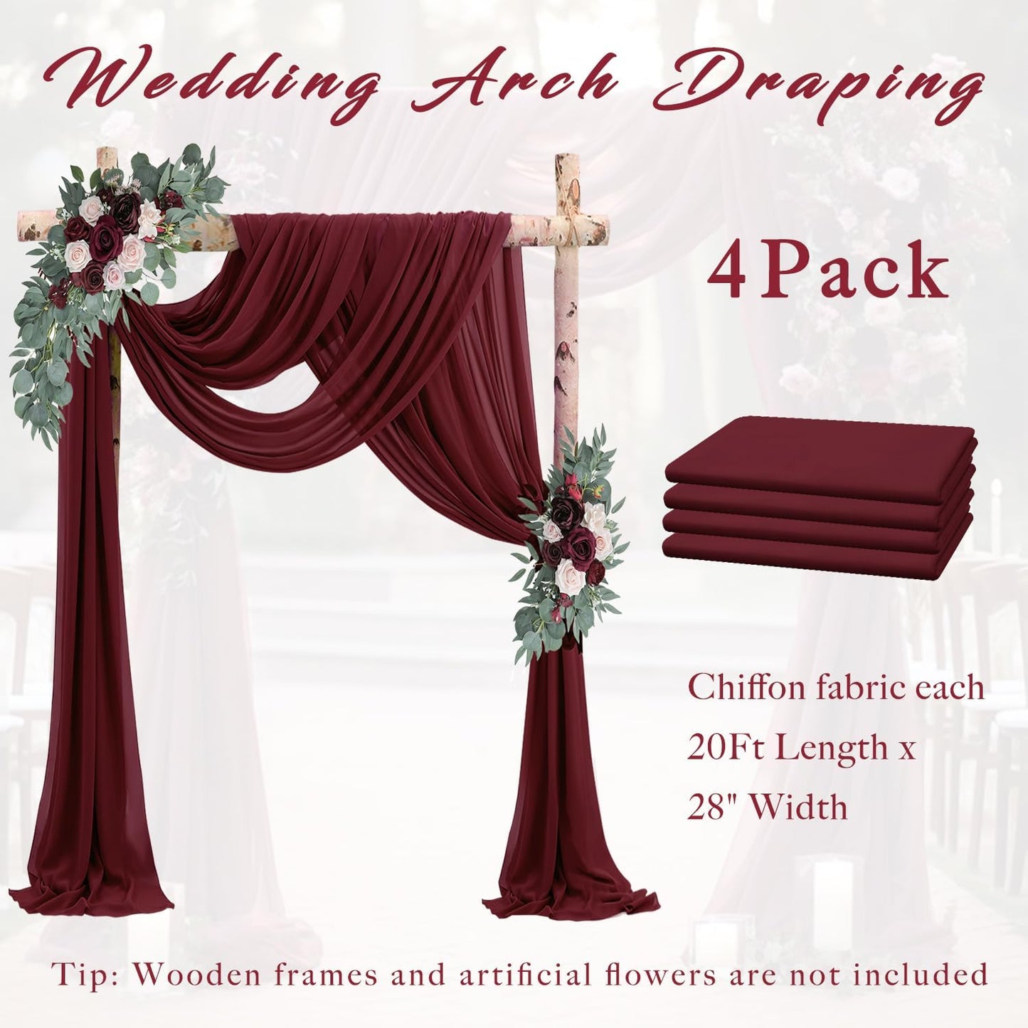 20Ft Length x 28" Width Wedding Arch Draping Fabric 4 Panels Burgundy Arch Drapes Chiffon Fabric Sheer Curtains Backdrop for Party Decorations Wedding Ceremony Bridal Ceiling Stage Reception Decor