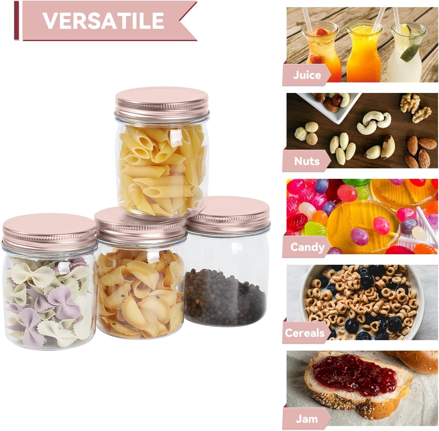 novelinks 8 oz Clear Plastic Jars with Screw-On Lids - BPA-Free Refillable Storage Containers for Slime, Spices, Crafts, Kitchen & Home Organization (16 Pack,Rose Gold)