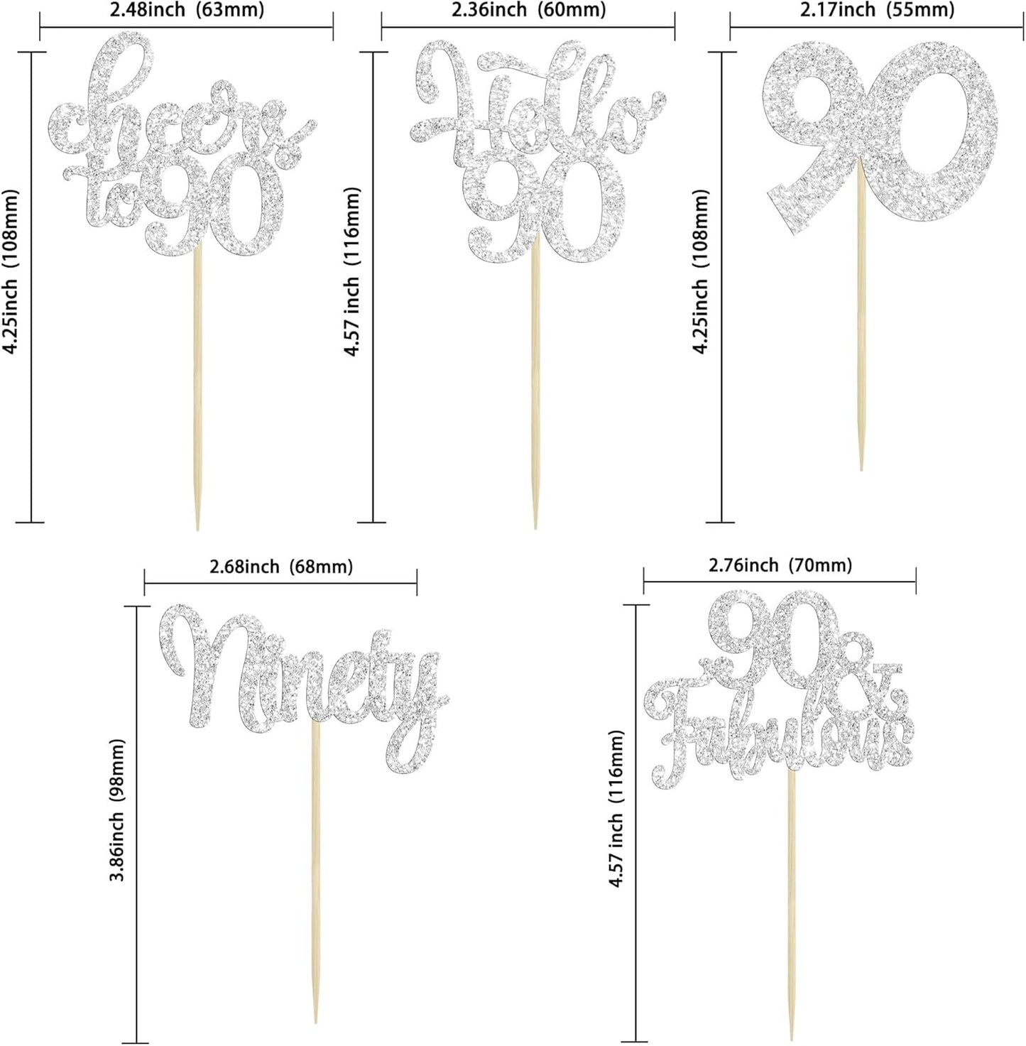 30pcs Happy 90th Birthday Cupcake Toppers - Silver Glitter Ninety Cheers to 90 Years Old Cupcake Picks for Anniversary Party Cake Decorations
