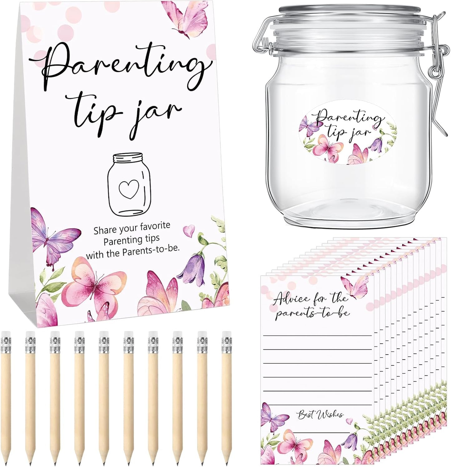 Roowest Baby Shower to Baby Advice Cards for New Parents to Be - Tip Jar Sign for New Parents 60 Parenting Advice Cards 10 HB Pencils 2 Cute Stickers 1 Pet Bottle for Guests Games(Butterfly)