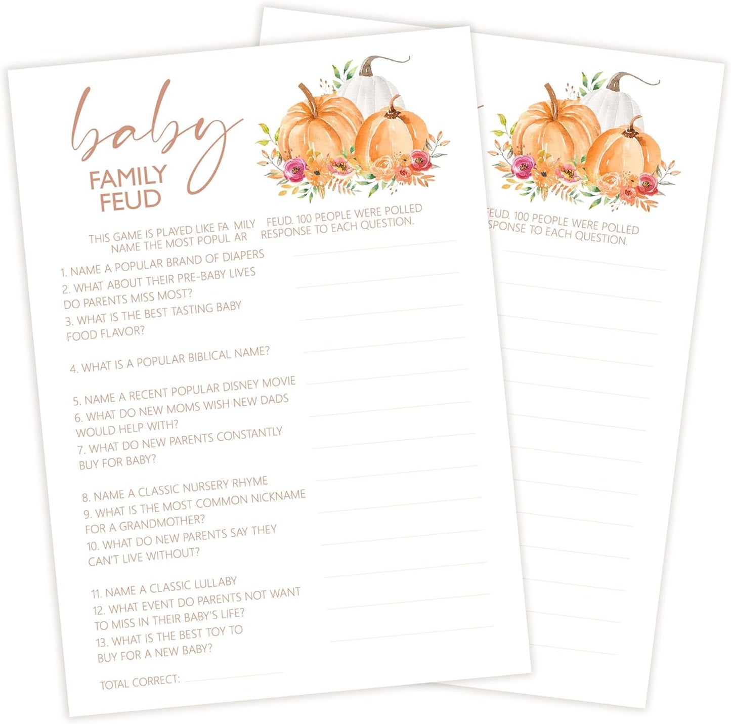 Baby Shower Games, Thanksgiving Baby Family Feud Game Cards + 1 Answer Card, 25 Sets Baby Gender Reveal Party Decorations Supplies - E06