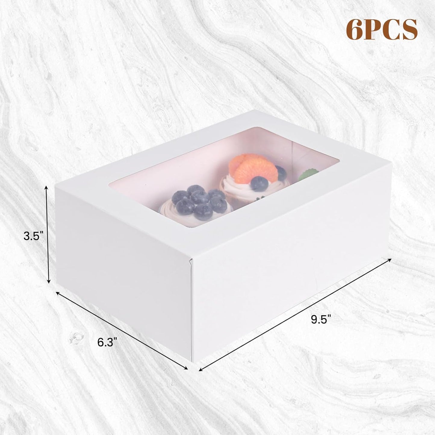 HANSGO 6 Count Cupcake Boxes,6PCS Cupcake Containers with Window White Pastry Boxes for Muffins Pastry Strawberry, Party Supplies 9.5x6.3x3.5 Inch