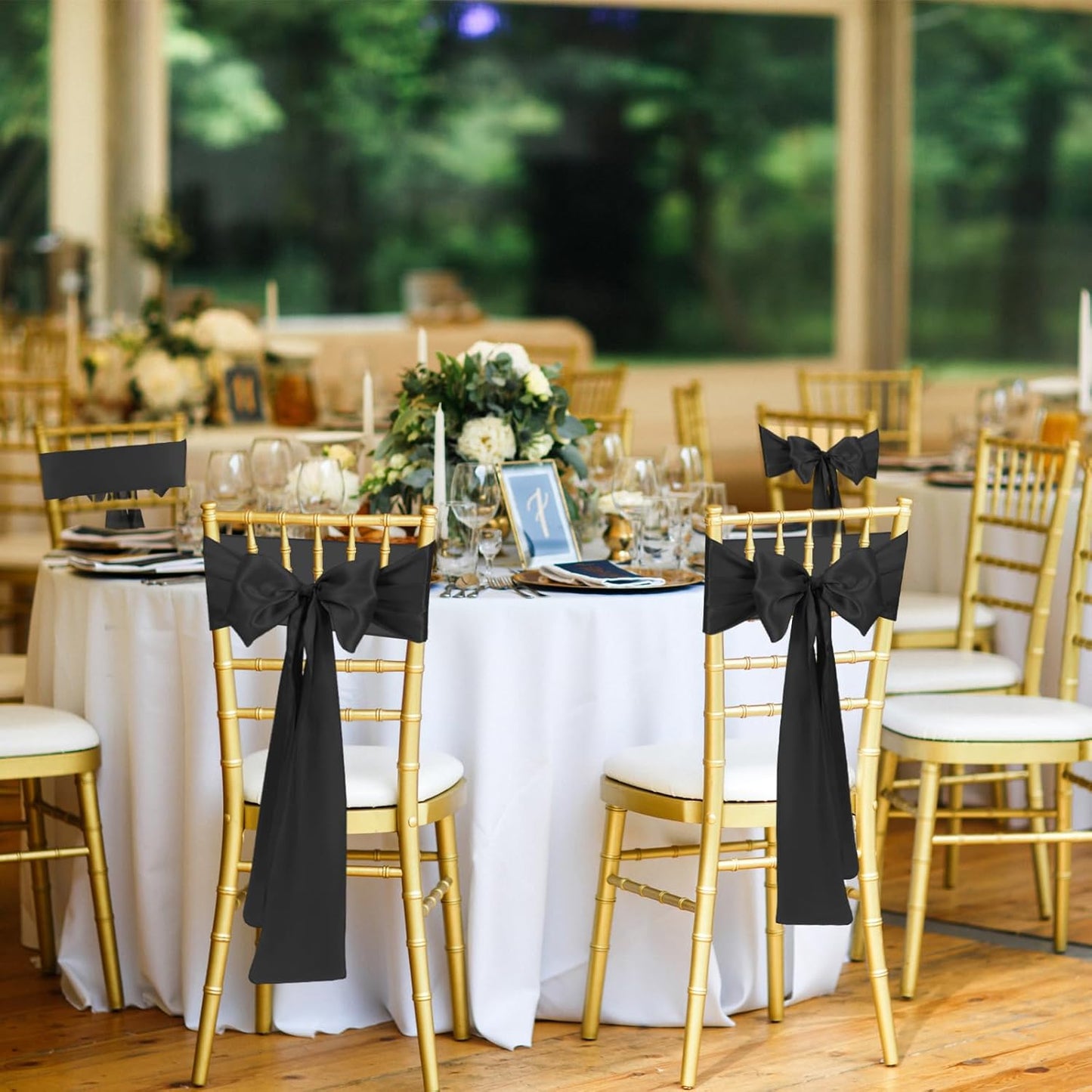 50 PCS Black Satin Chair Sashes Bows Universal Chair Ribbon Ties Back Sash for Wedding Party Reception Events Banquets Hotel Event Chair Cover Decoration (Champagne 7x108 inch)