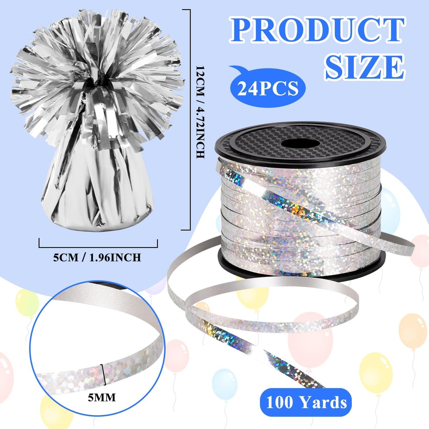 24 PCS Balloon Weights Metallic Anchor, Balloon Holder Heavy Weights with and 1 Roll Iridescent Crimped Ribbon for Balloons Table Party Favor Birthday Decor(Silver)