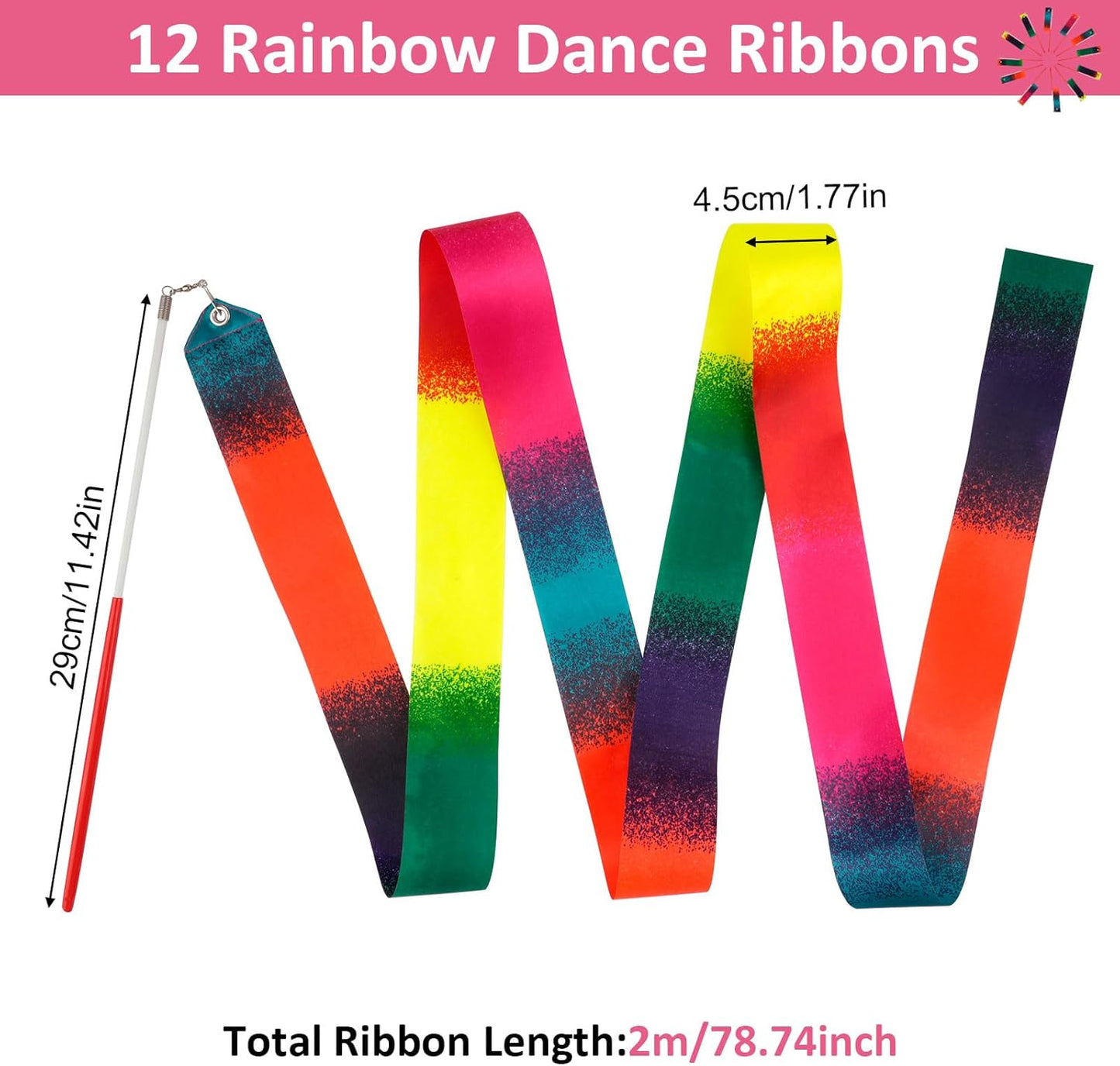 12 Pack Dance Ribbons for Kids, Dance Class, Birthday Party, Gymnastics, Princess Party Favors (Gradient)