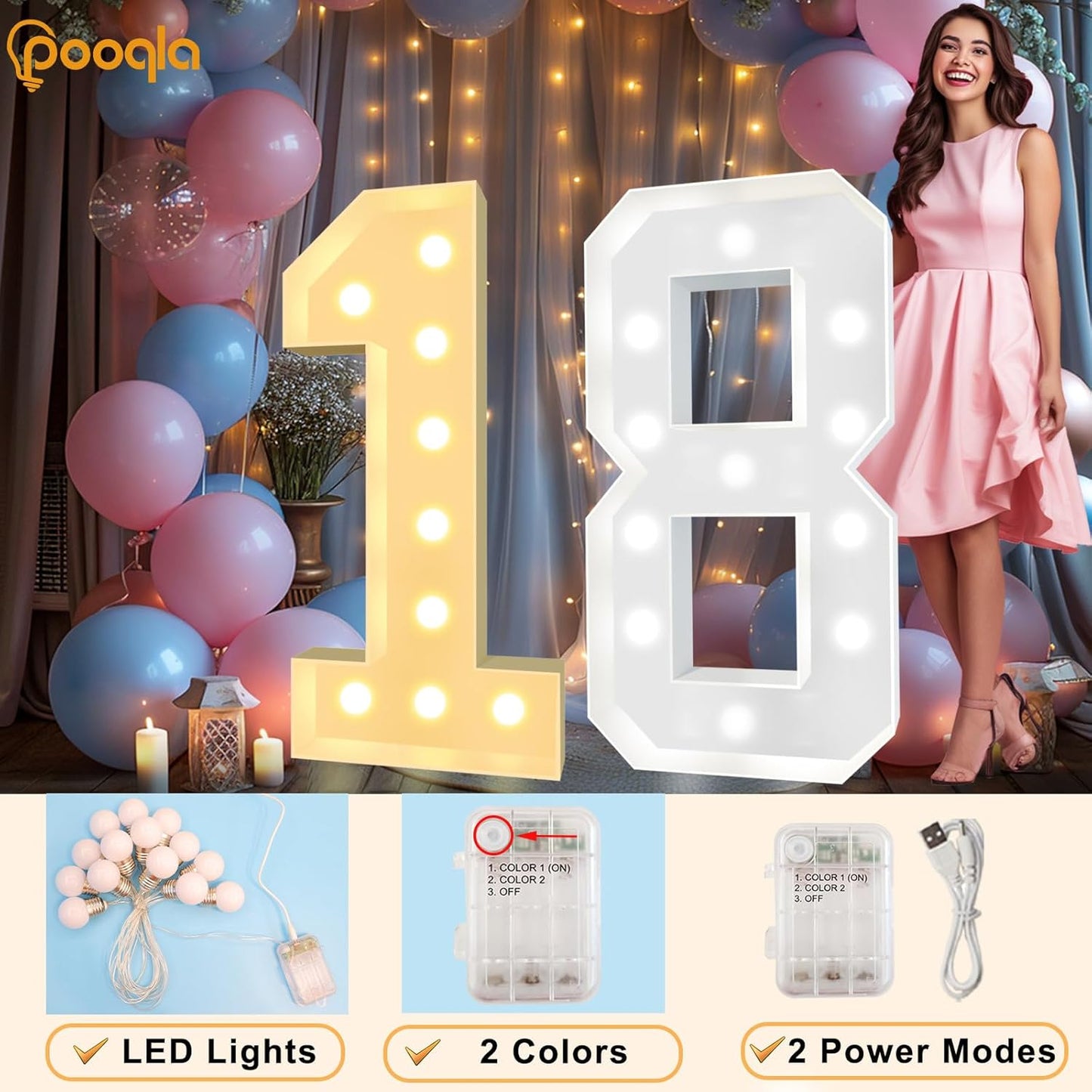 Pooqla 4 FT Light Up Marquee Numbers, Giant Mosaic Light Up Numbers Cool White and Warm White LED, Large Lighted Marquee Numbers for Balloons 4th 14th 40th Birthday Party Decoration, LED Number 4