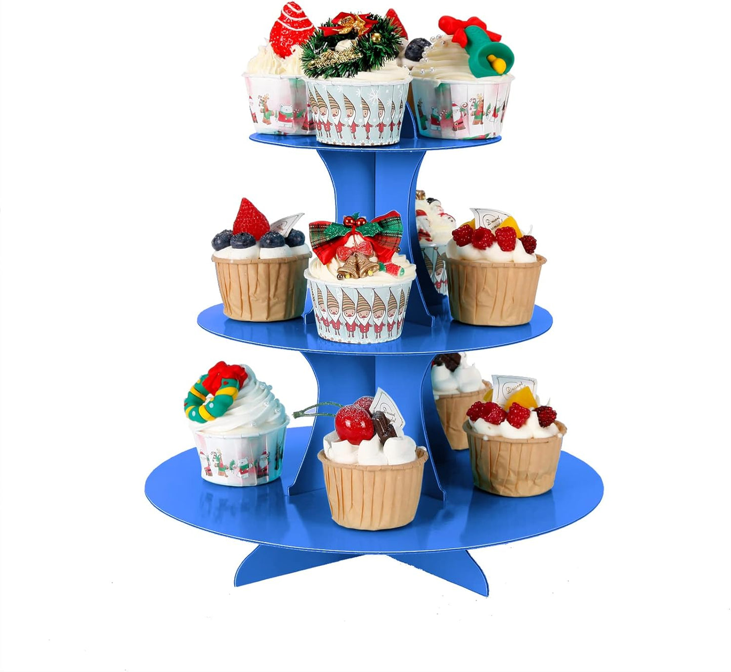 2Pcs 3-Tier Cupcake Stand, Cake Stand holder, Tiered DIY Cupcake Stand Tower for Dessert Table Displays, Birthday Theme Party Favors Decoration, Floral Tea Party, 12" W x 12.8" H, Blue