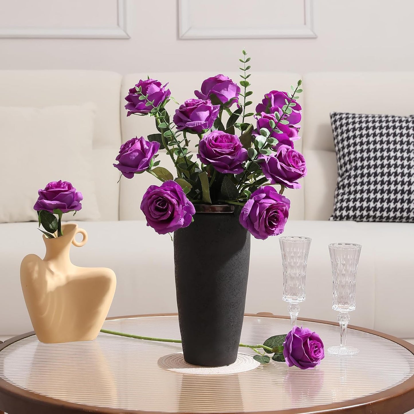 Tifuly Purple Roses Artificial Flowers - 12 pcs Realistic Single Long Stem Fake Silk Roses Bouquet for Party Home Wedding Centerpiece Office DIY Decor