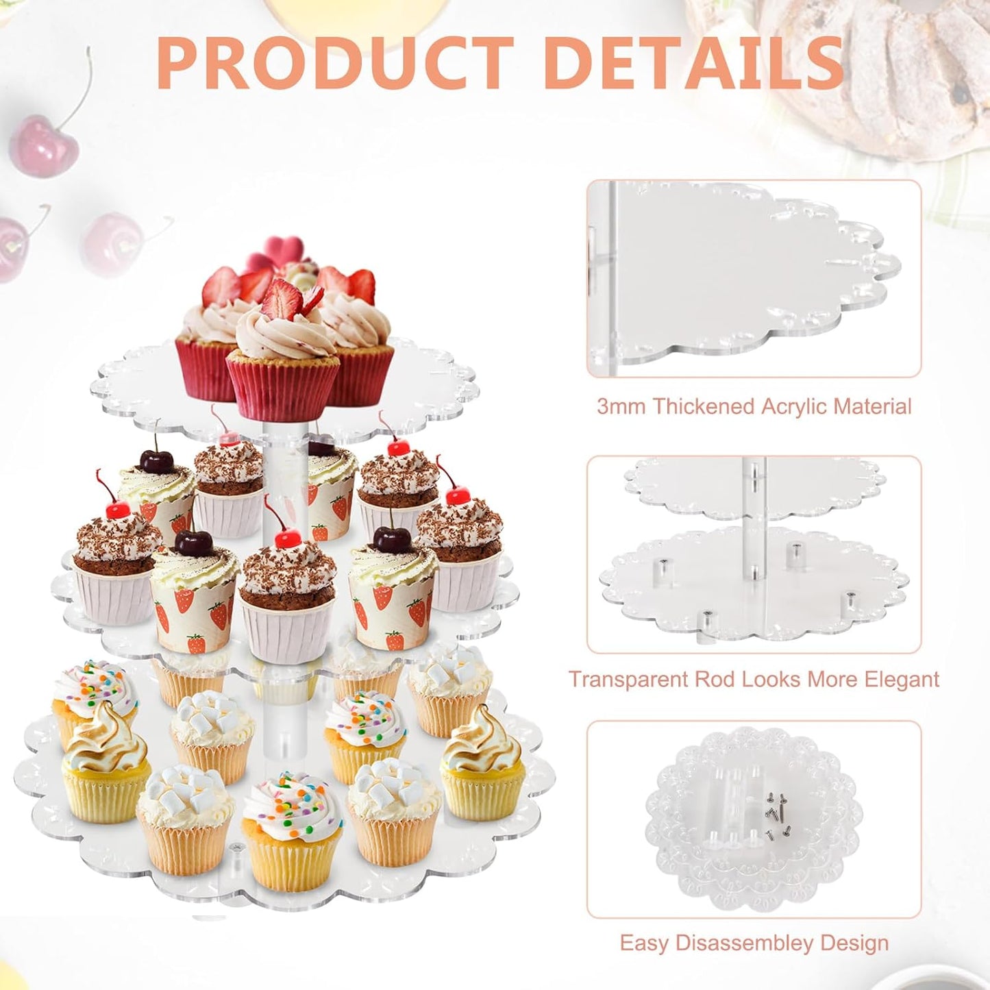 3 Tiers Acrylic Cupcake Stand, Lacework Design Cake Tower Stand Holder Macaron Display Rack Cookie Candy Buffet Desserts Platter with Base for Baby Shower, Birthday, Wedding