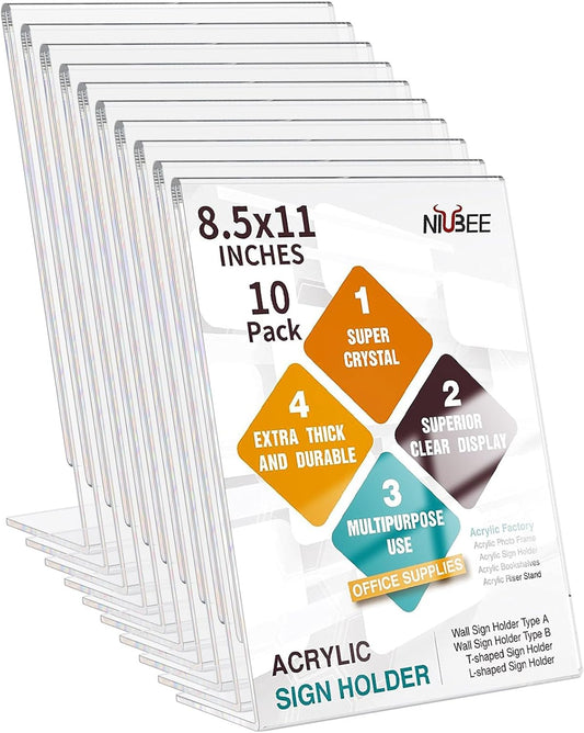 NIUBEE Acrylic Sign Holder 8.5 x 11 Inches Slanted Back, Clear Plastic Sign Holder Paper Display Table Stand for Office, Store, Restaurant (10 Pack)