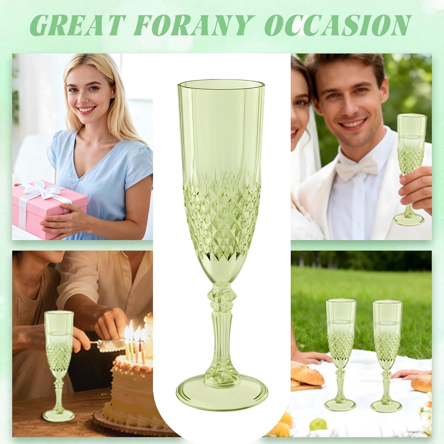 Plastic Champagne Flutes, 12PCS Green Wine Glasses Goblets Cups Reusable Flute, for Weddings Bachelor Parties Toasting and Events(12, Green)