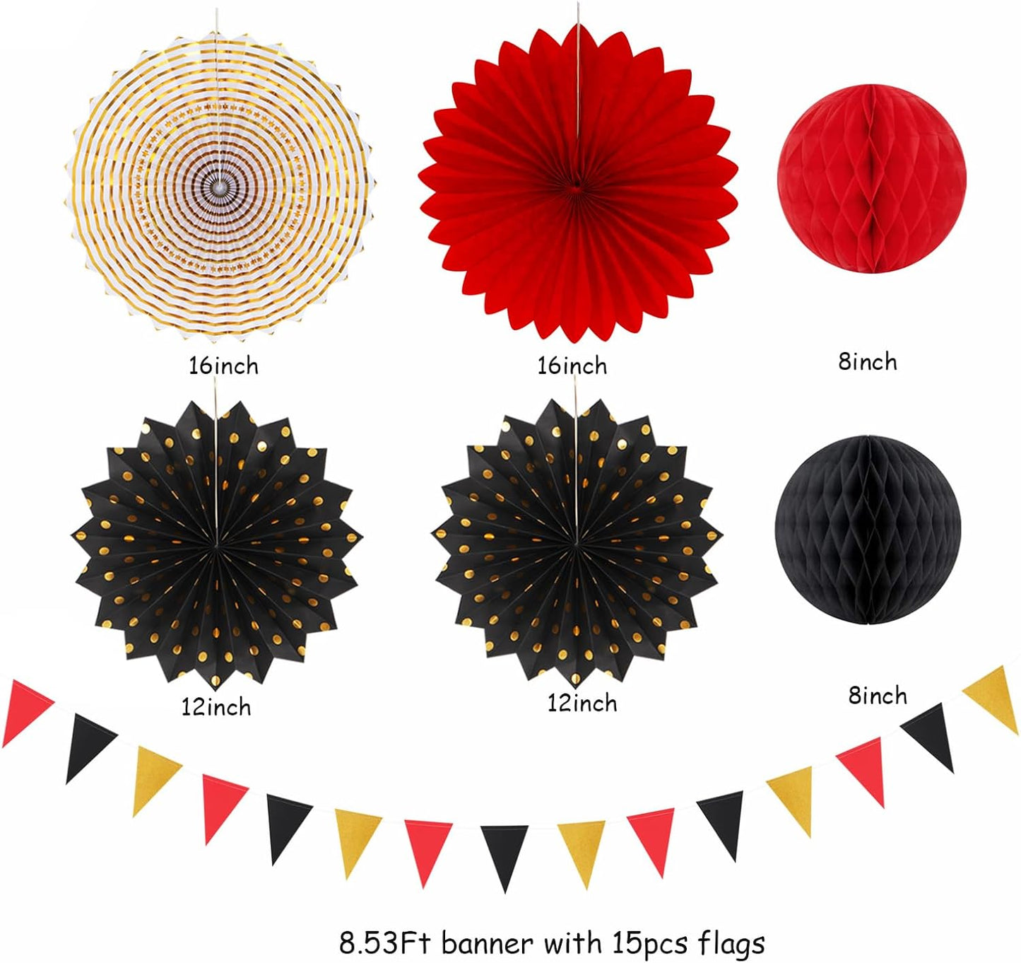 Red-Black Gold Casino Theme Party-Decorations - 20pcs Game Night Paper Lanterns Fans,Tissue Pom Poms,Honeycomb Balls,Bunting,Birthday Graduation Wedding Bridal Baby Shower Decor Burgleda