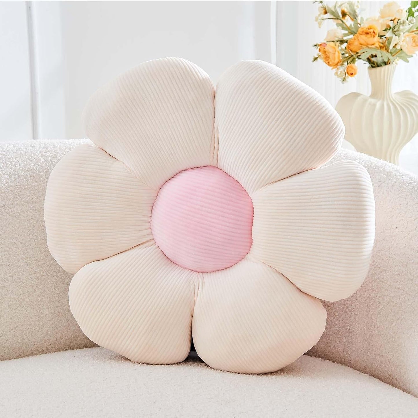 Beige Flower Pillow, 19.6" Cute Flower Shaped Floor Pillow, Aesthetic Floral Plush Daisy Decorative Throw Pillows for Bed Sofa Couch