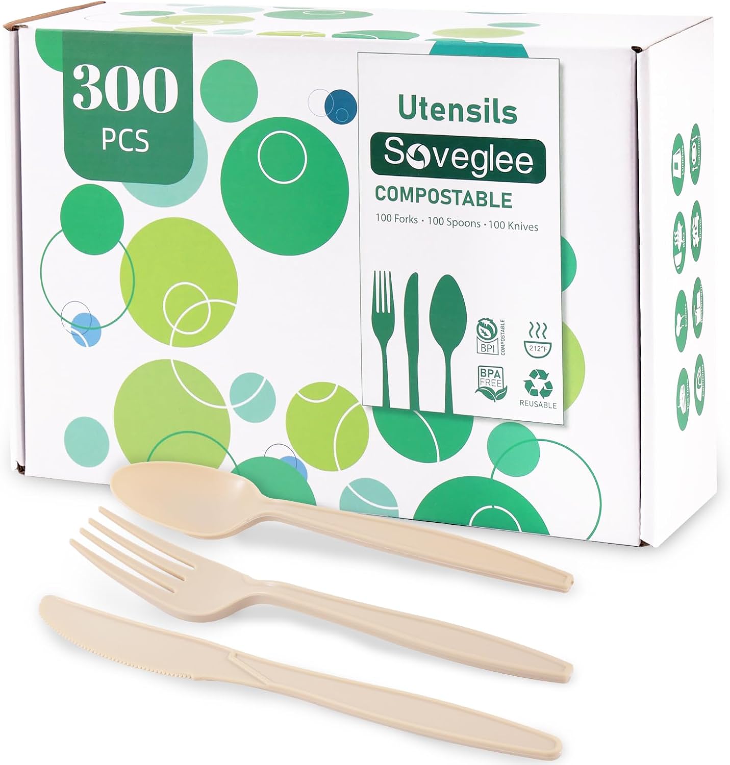 100% Compostable Silverware, Light Brown Plastic Silverware 100 Forks 100 Spoons 100 Knives, Compostable Utensils, No Plastic Utensil, Eco Friendly Disposable Cutlery for Party Office Wedding