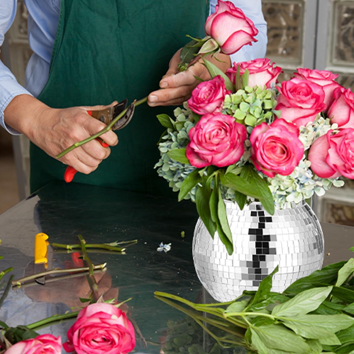 6 Pcs Disco Ball Vase,Plastic Disco Ball Centerpieces Silver Disco Ball Planter Mirror Disco Ball Ice Bucket Disco Ball Decor Can Be Used for Wedding Centerpieces,Birthday,Office(9 Inch)