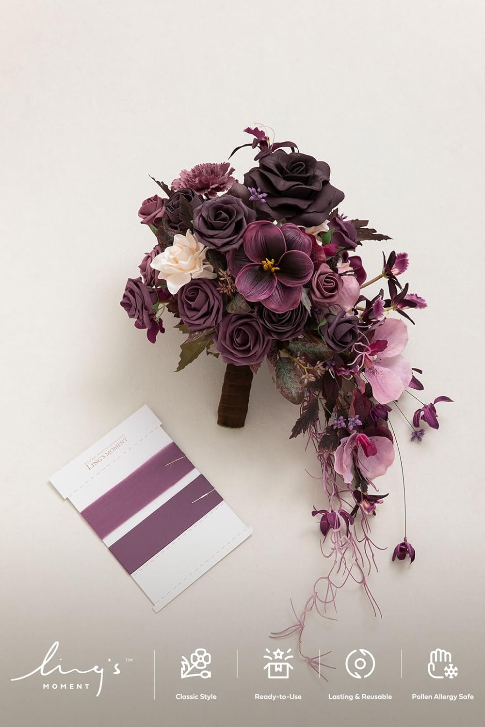 Ling's moment Purple Bridal Bouquet Cascading, Plum Wedding Bouquets for Bride, 13 Inch Bride Bouquets for Wedding Artificial Flowers Bouquets