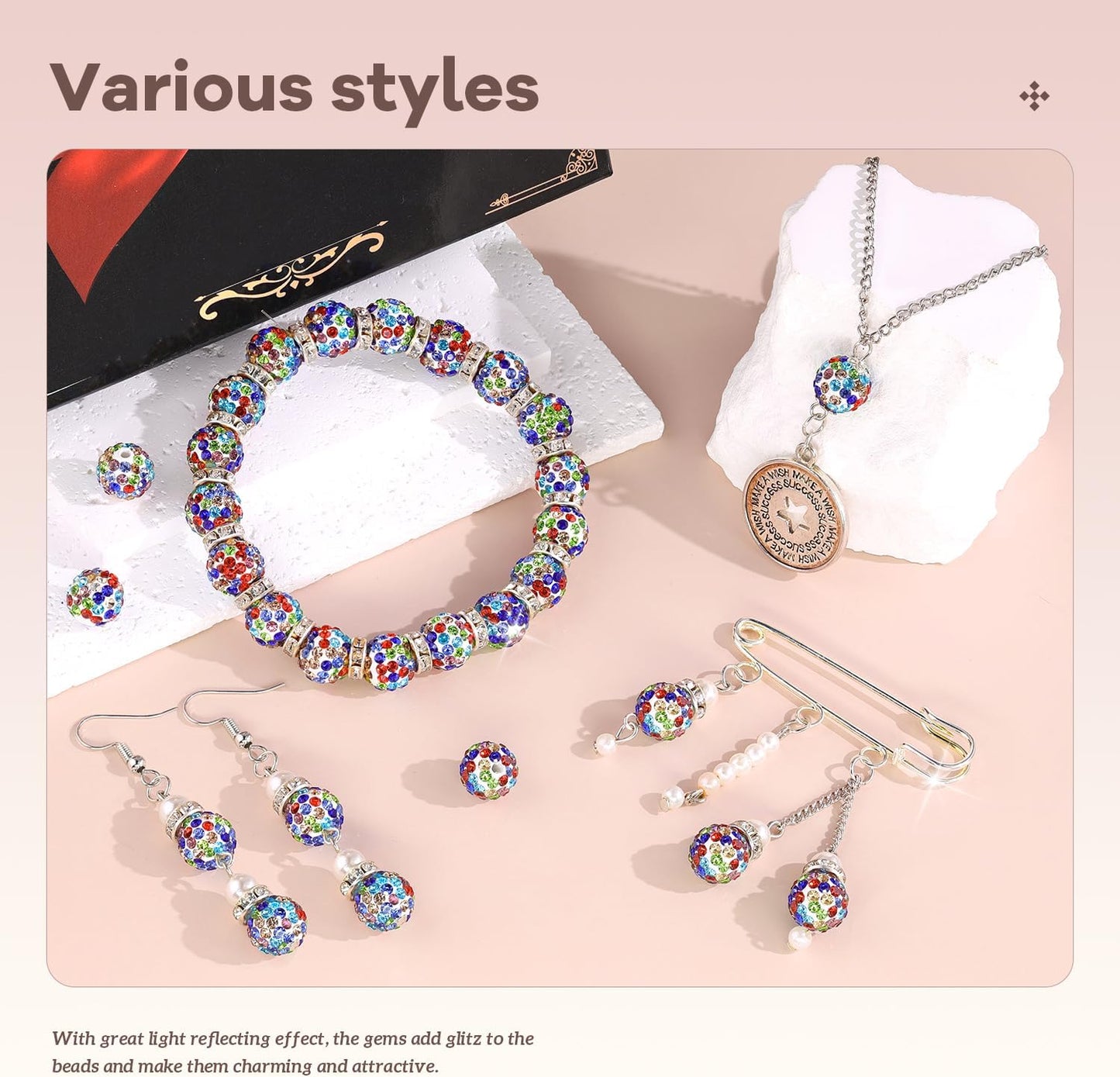 105pcs 10mm Rhinestone Beads for Jewelry Making, White Mixed Shiny Round Disco Ball Beads Bulk, Sparkle Crystal Clay Christmas for Bracelet Baseball Necklace Earring Crafting and DIY