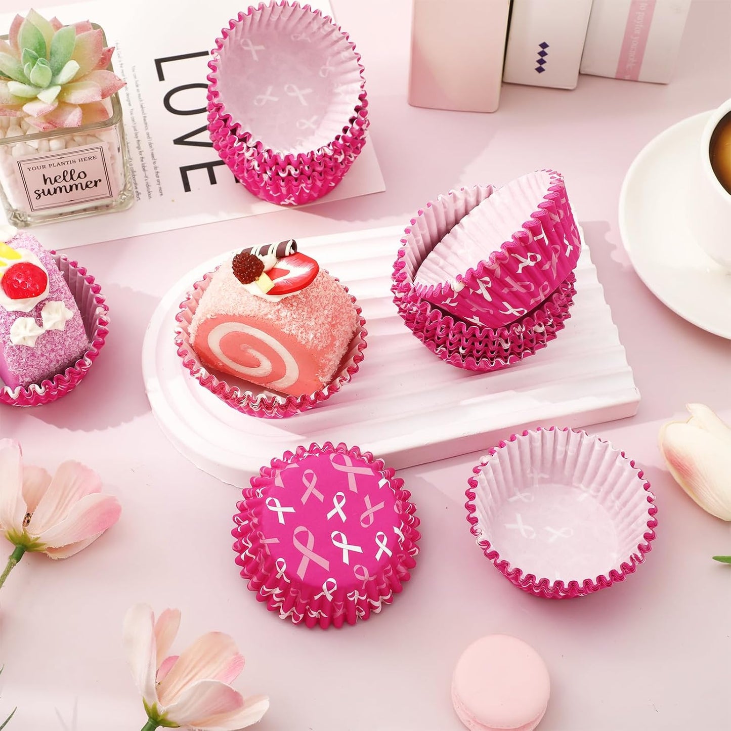 Whaline 300 Pcs Breast Cancer Awareness Cupcake Liners Pink Ribbon Cupcake Wrappers Muffin Liners for Women Breast Cancer Awareness Supplies, 2 x 1.2 Inch